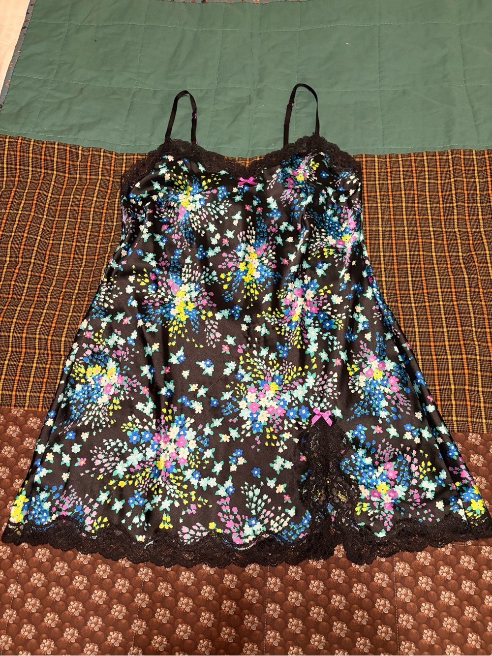 Victoria's Secret Black Floral Satin Chemise with Lace Trim